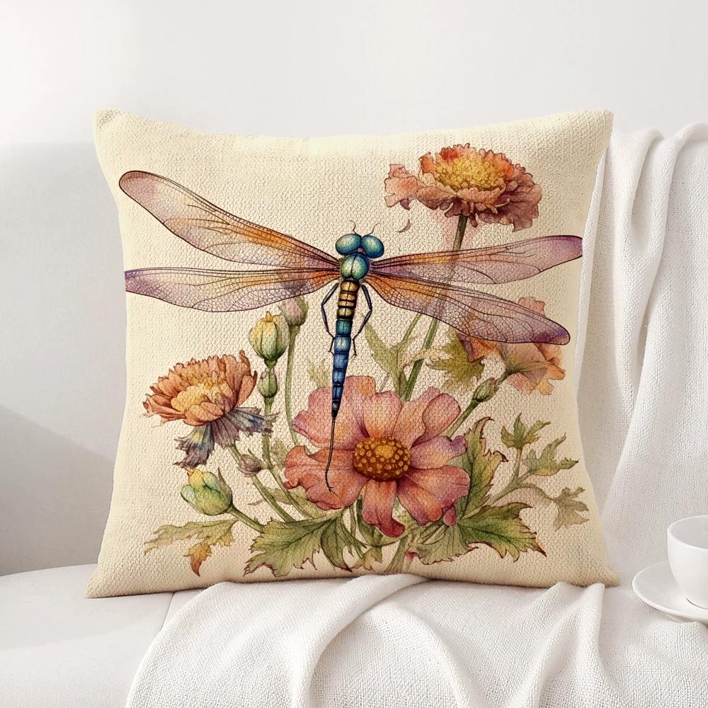 Watercolor Dragonflyflower Cushion Cover Natural Linen Organic Fabric DoubleSided Printing Sofa Home Decor Gift Pillow Cover