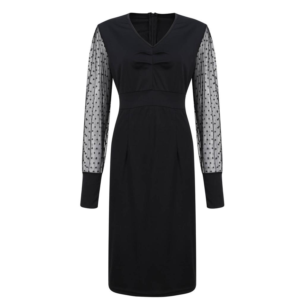 Women's Fashion Casual Sexy Soild V-Neck Mesh Long Sleeve  Split Dress