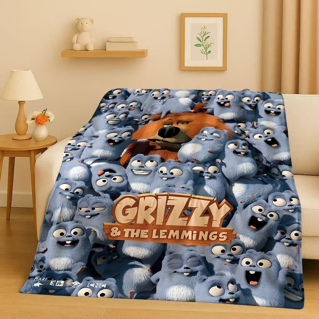 Kawaii Grizzy and The Lemmings Cartoon Flannel Blanket,Ultra Soft Warm Plush Throw for Home Bedroom Bed Sofa Cover Kids Gift