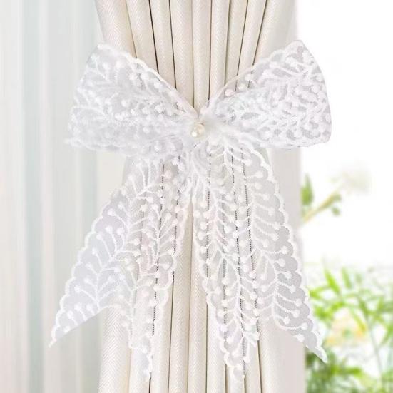 2Pcs Lace Bowknot Curtain Tiebacks, Bow Curtain Holdbacks with Pearls, Decorative Curtain Ties for Home Office Living Room Bedroom Wedding Party Decor