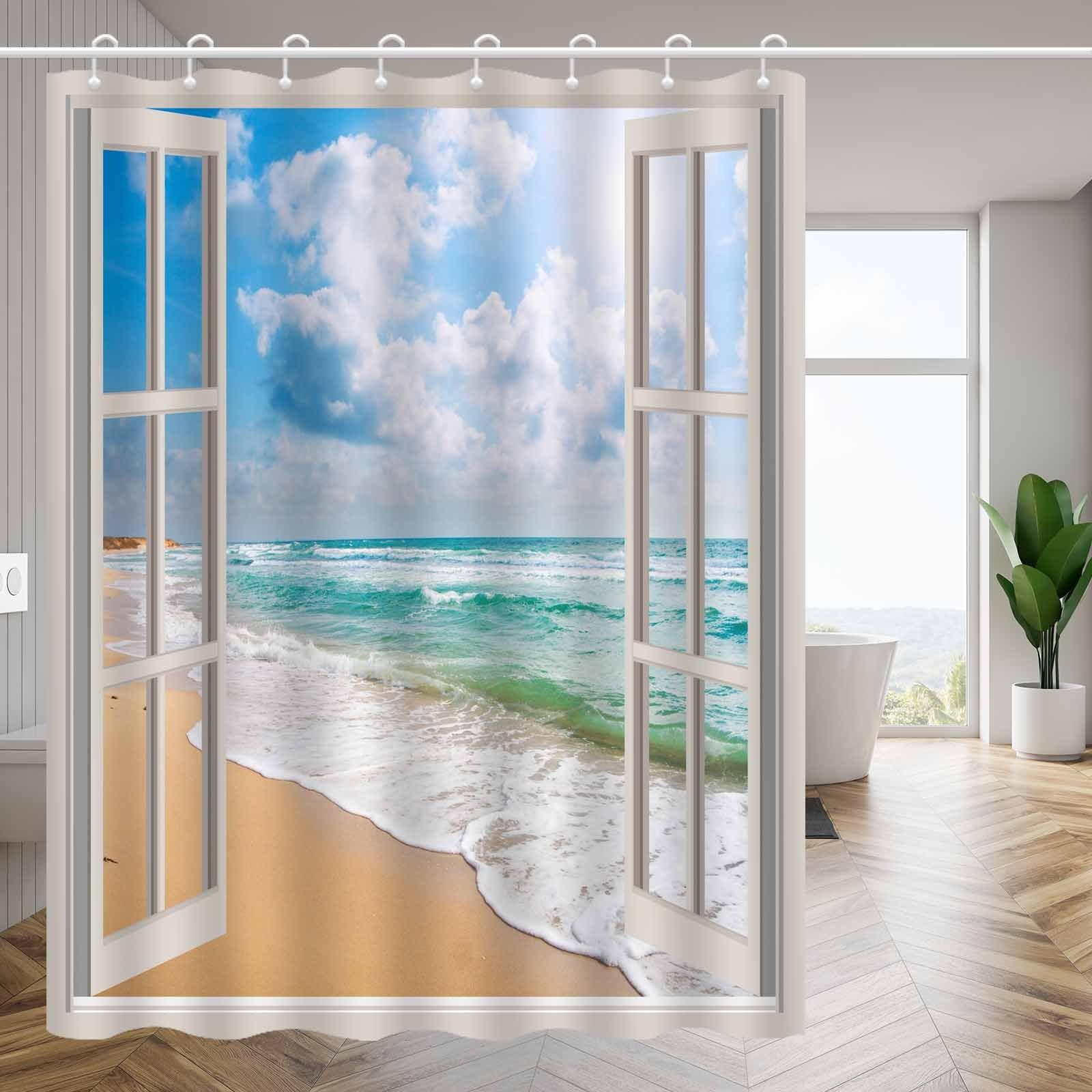 

[Beach Shower Curtain] 1Pc Ocean Beach Blue Sky White Cloud Landscape - High-End Elegant Bathroom Curtain - Bathroom Decoration W60H190(CM)-1 Pcs