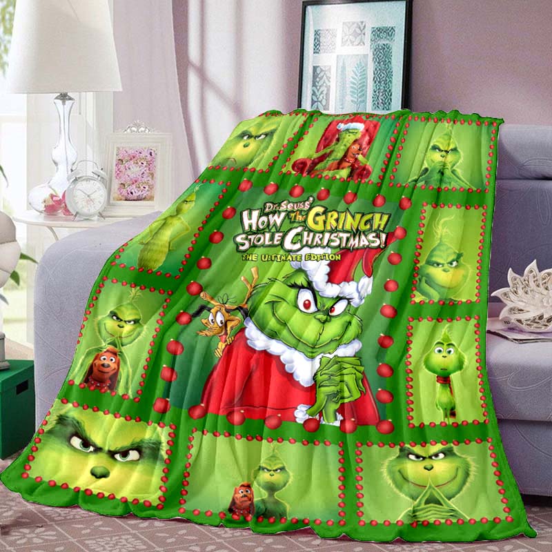 Cute Cartoon "The Grinch" Print Blanket – Warm Winter Flannel Throw; Festive, Unique Sofa & Nap Blanket