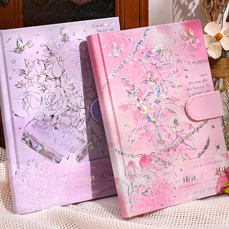 Rose Butterfly Laser Stamped Notebook with Magnetic Buckle - Retro Style Student Diary