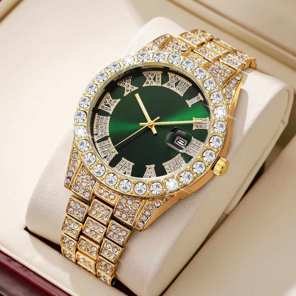 Fashion Full Diamond Men's Watch Stainless Steel Band Male Quartz Wristwatches Date Calendar Watches