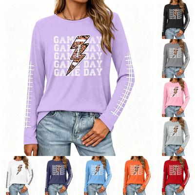 Women's Fashion Long Sleeve Neck Top with Rugby Print and Split Hem