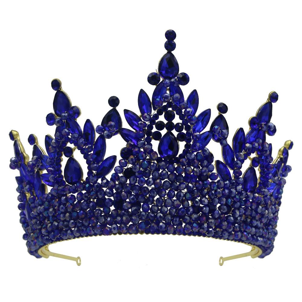 Luxury Oversized Baroque Crown Electroplated Queen Princess Tiara Wedding Party Supplies синий