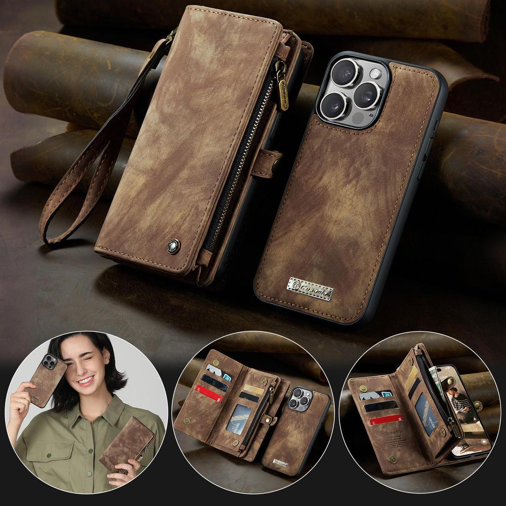 CaseMe-008 For iPhone 16 Pro Max Removable 2-in-1 Zipper Wrise Strap Multi-functional Wallet Case Card Slots Phone Cover