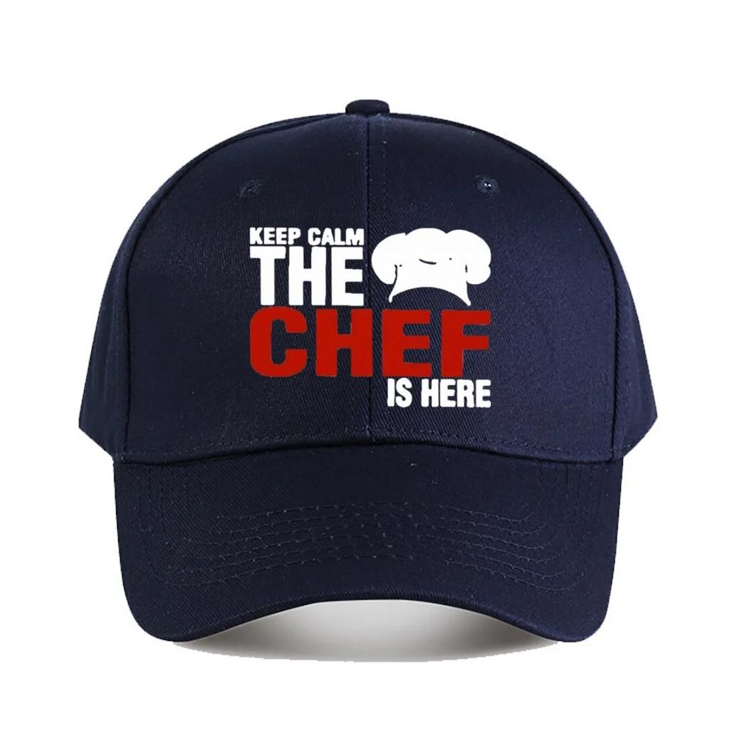 Keep Calm The Chef Is Here Funny Baseball Cap Adjustable Snapback Hat for Unisex Women Navy Blue with White Text