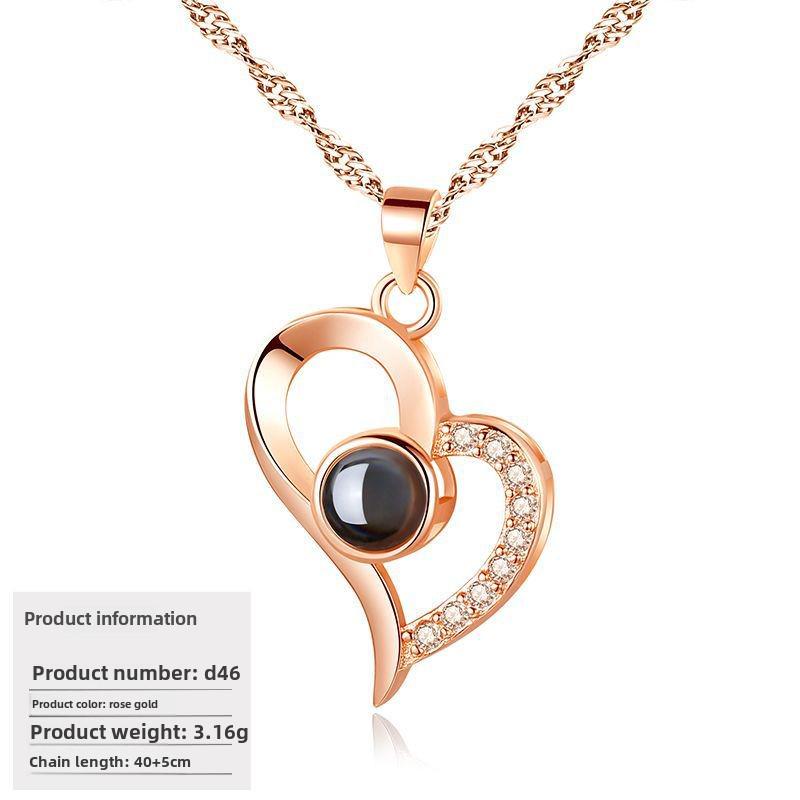 S925 Silver Peach Heart Projection Necklace 'I Love You' in 100 Languages