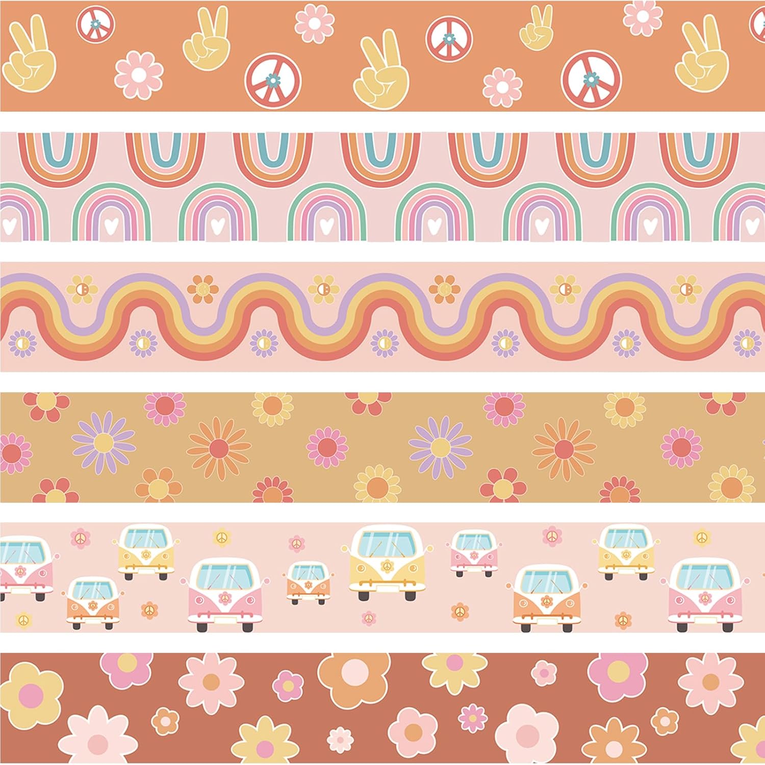 69Ft Groovy Bulletin Board Borders 60 Sheets Boho Straight Border Strips Retro Hippie Classroom Decor Daisy Rainbow Hippie Bulletin Board Stickers Groovy