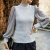 Womens Long Sleeve Tops Mock Neck Sequins Puff Sleeve Patchwork Blouses Solid Color Slim Fit Casual T Shirts
