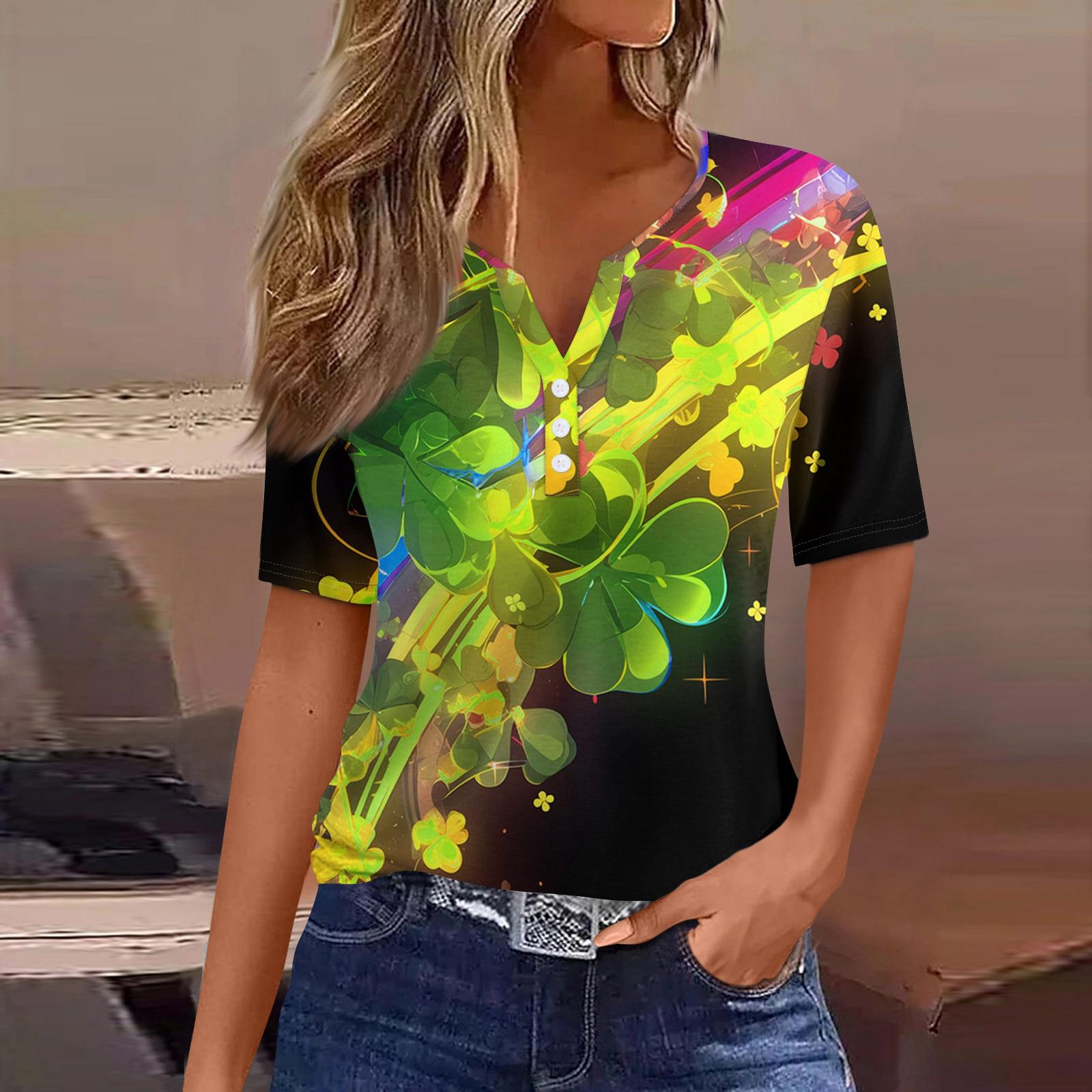 

Women s T Shirt Tee Print Button Short Sleeve Daily Weekend Fashion Basic V- Neck Regular Top St. Patrick s Day L