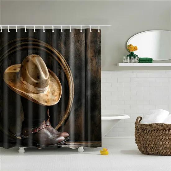 Vintage Style Map Anchor Cowboy Printed Shower Curtains With 12 Hooks Waterproof Polyester Decorative Bathroom Curtains