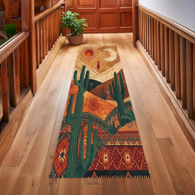 Southwestern Cactus Long Runner Rug Vibrant Desert & Ethnic Print Durable Wear-resistant Non-slip Carpet for Hallway Entryway