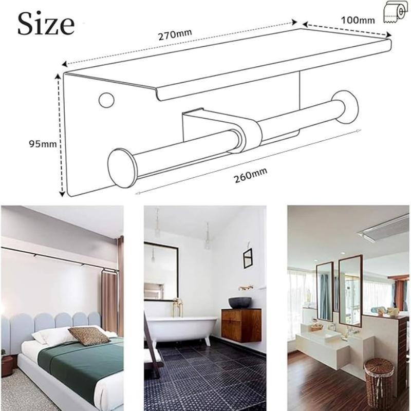 Wall Mounted 304 Stainless Steel Toilet Roll Paper Holder with Shelf, Double Roll Tissue Paper Holder