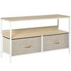 Industrial Low TV Stand On Legs, 2 Grey Fabric Drawers, Natural Wood & White Metal