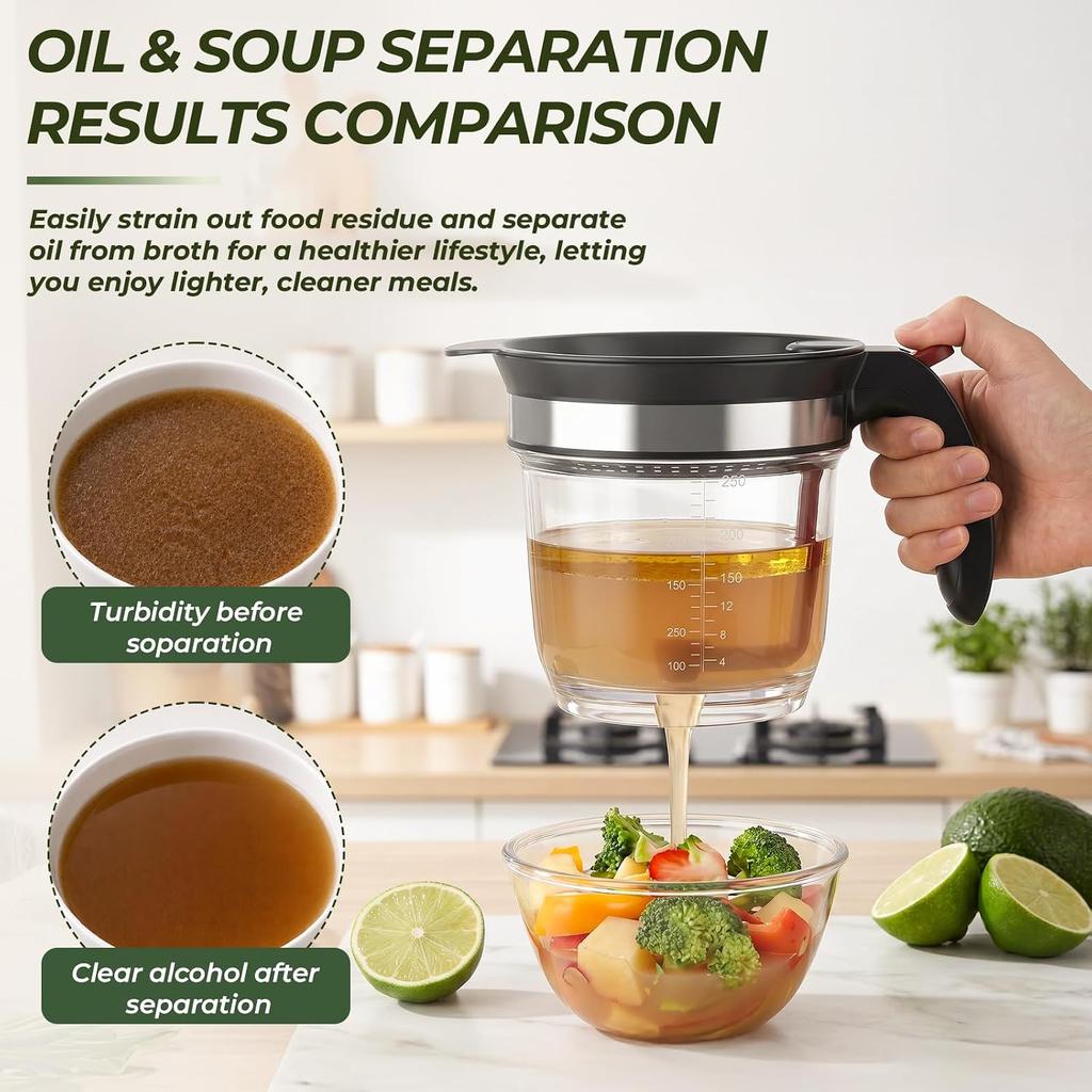 Bottom Release Gravy Heat-Resistant Fat Separator with Fine Mesh Strainer for Cooking Oil Broth Soup and Pan Drippings