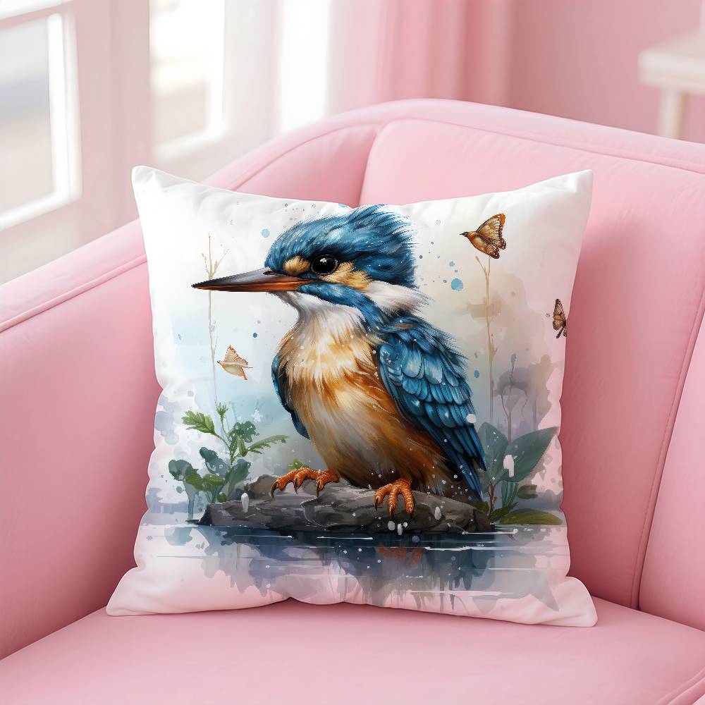 Kingfisher Watercolor Painting Pillow Case Comfort Sofa Bed Silky Elegant Invisible Zipper Custom Decorative Cushion Cover