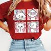 Womens Casual Short Sleeve TShirt Playful Cat 4Panel Graphic Print Round Neck Retro Style