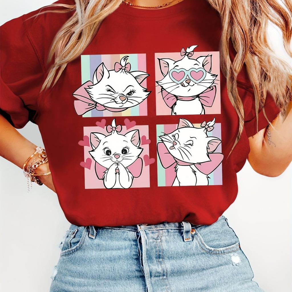 Womens Casual Short Sleeve TShirt Playful Cat 4Panel Graphic Print Round Neck Retro Style