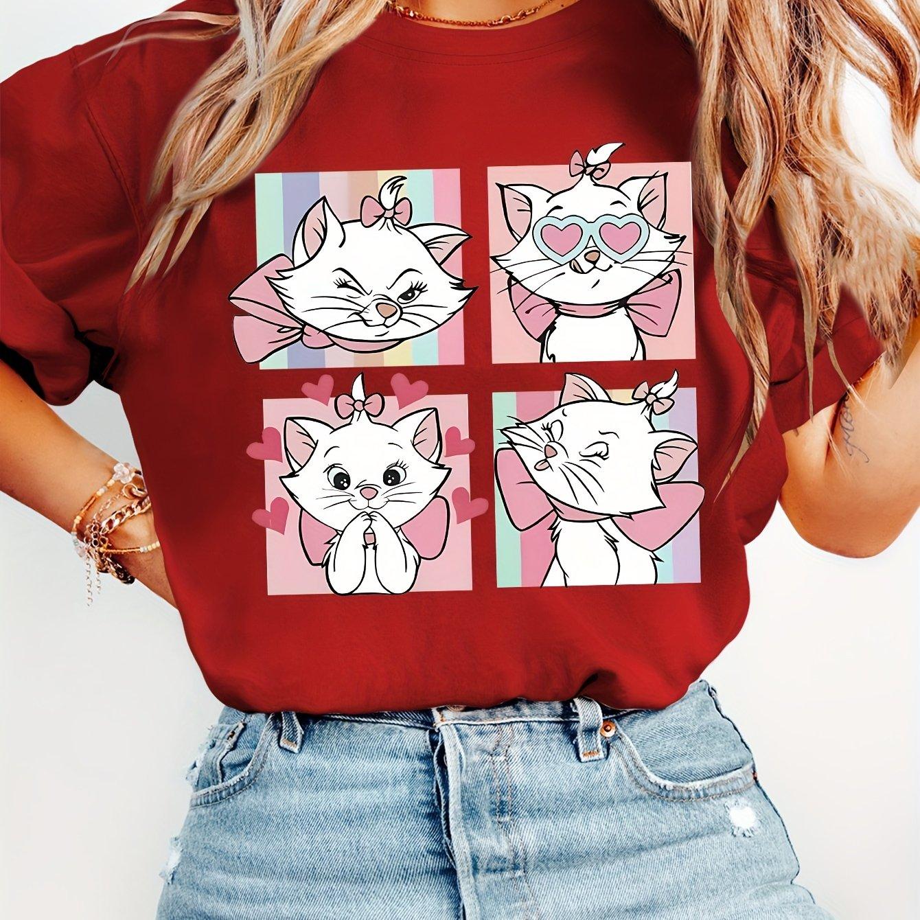 Womens Casual Short Sleeve TShirt Playful Minnie Cat 4Panel Graphic Print Round Neck Retro Style S