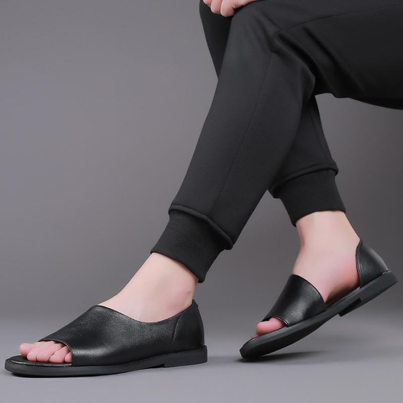 Genuine Leather Shoes Men Sandals 2024 Summer Cow Leather Mens Sandals Flat Non-slip Male Holiday Shoes Black Slip-on A4389