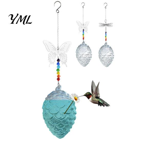 Glass Nectar Feeder for Garden Pine Cone Shape Hummingbird with Butterfly/Dragonfly Decor, Outdoor Hanging Small Mouth Bird Water Beads Chain