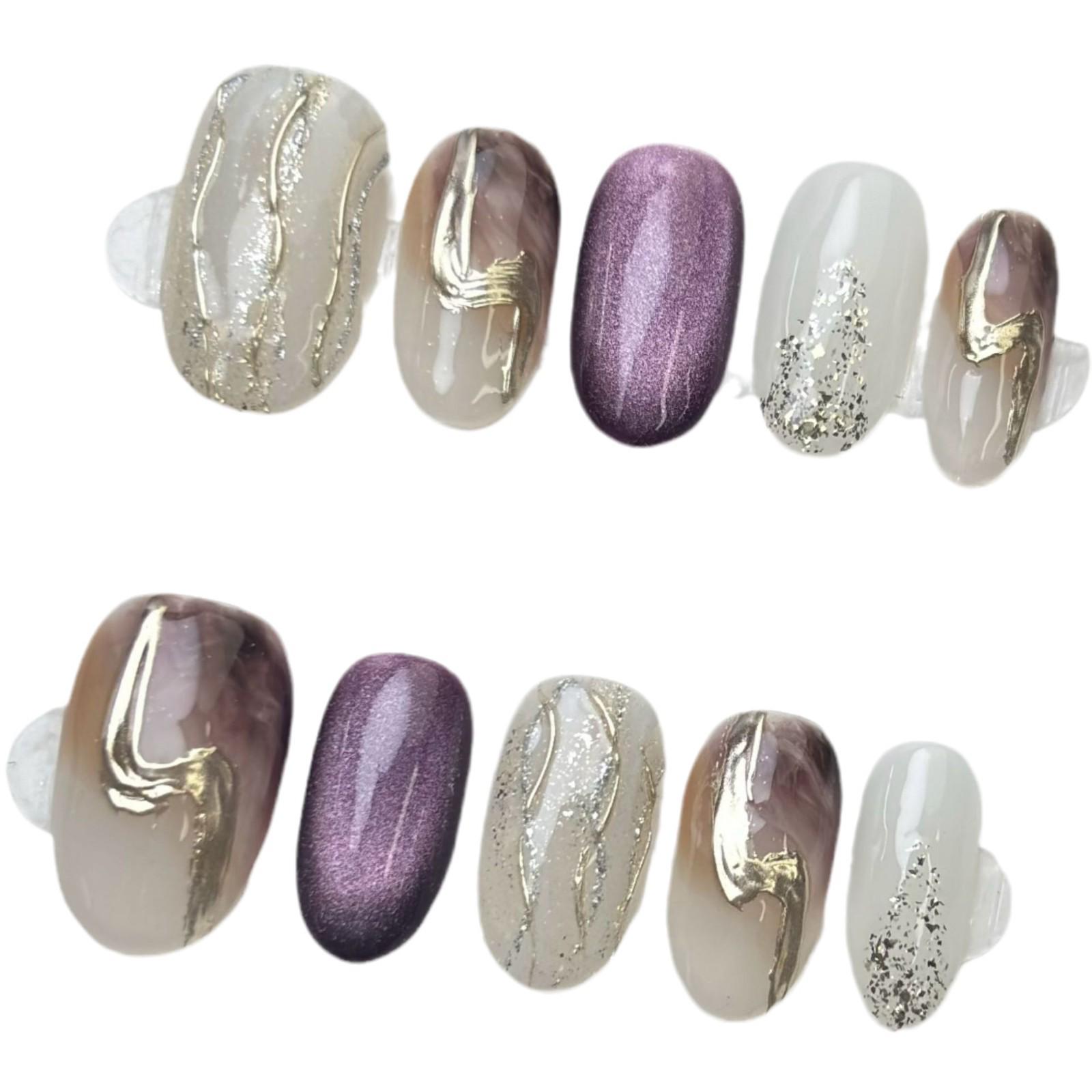 

Violet Color Block Black Bloom Gold Foil Handmade Press-On Nails Extra Small