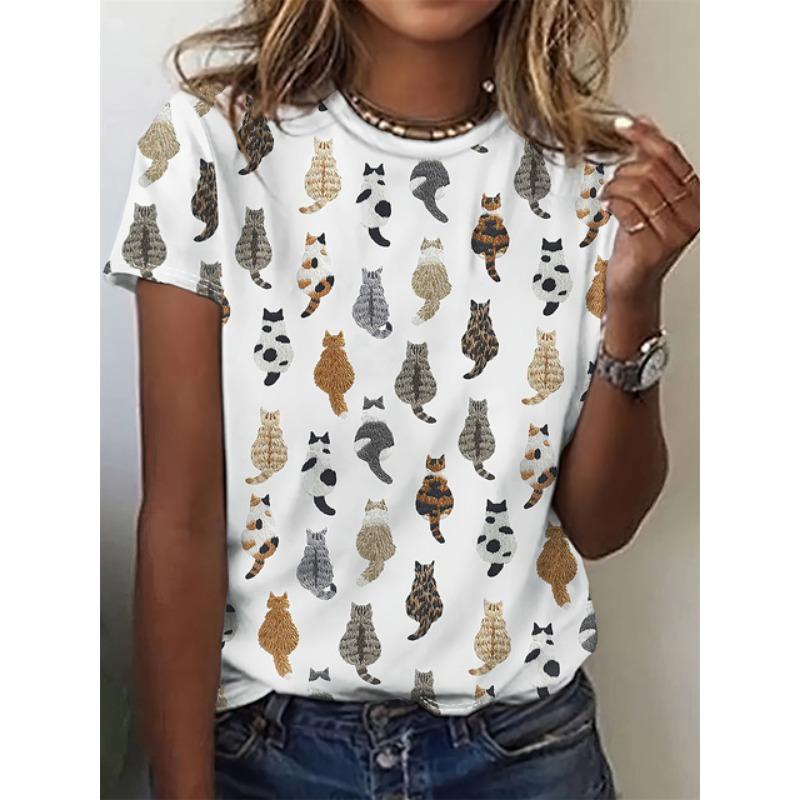 2025 Cartoon Katze Damen T-Shirts Mode Top T-Shirt 3D T-Shirt Harajuku Lässig Kurzarm O-Ausschnitt Übergroße Damenbekleidung