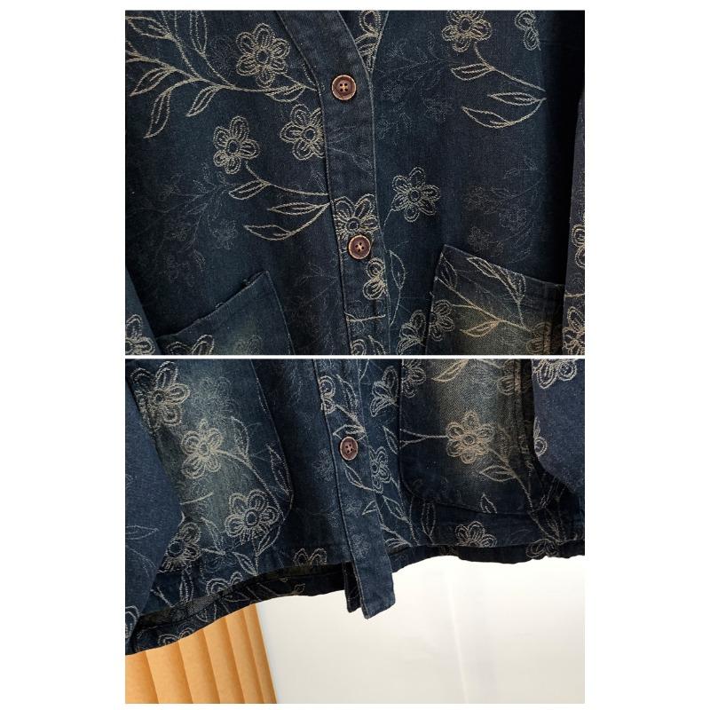 DIMANAF 2026 Herbst Winter Große Größen Damen Jeansjacken Mantel Kurz Lässig Print Floral Locker Knöpfe Blau Vintage Oberbekleidung