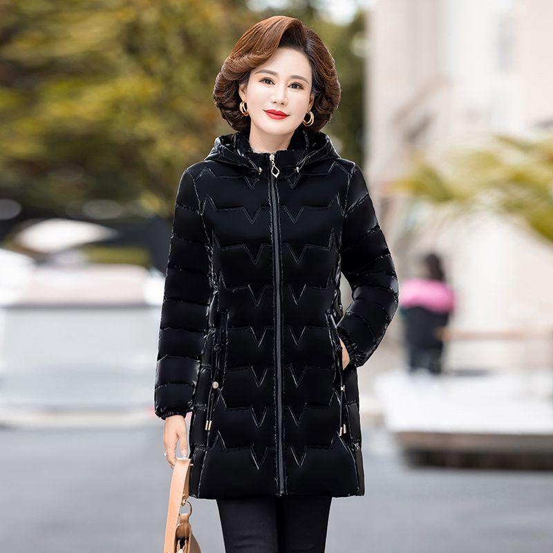 Fashionable and Comfortable Long Cotton Coat for Middle-aged and Elderly Women with Bright Surface