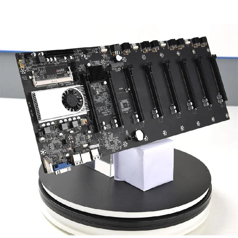Mining motherboard with processor, fan and 8 slots for ddr3 graphics cards with integrated memory