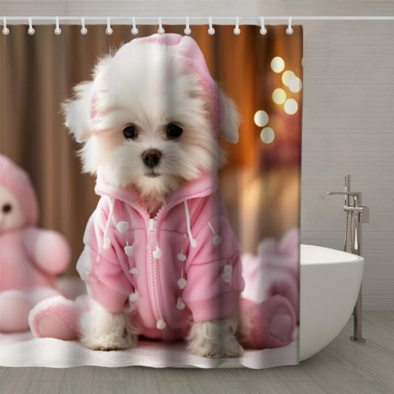 

Modern Cute Funny Dog Shower Curtain Sets Pink Clothes Maltese Puppy Pet Bath Curtains Christmas Decor Sets Grommet With Hooks W60H190(CM)-1 Pcs