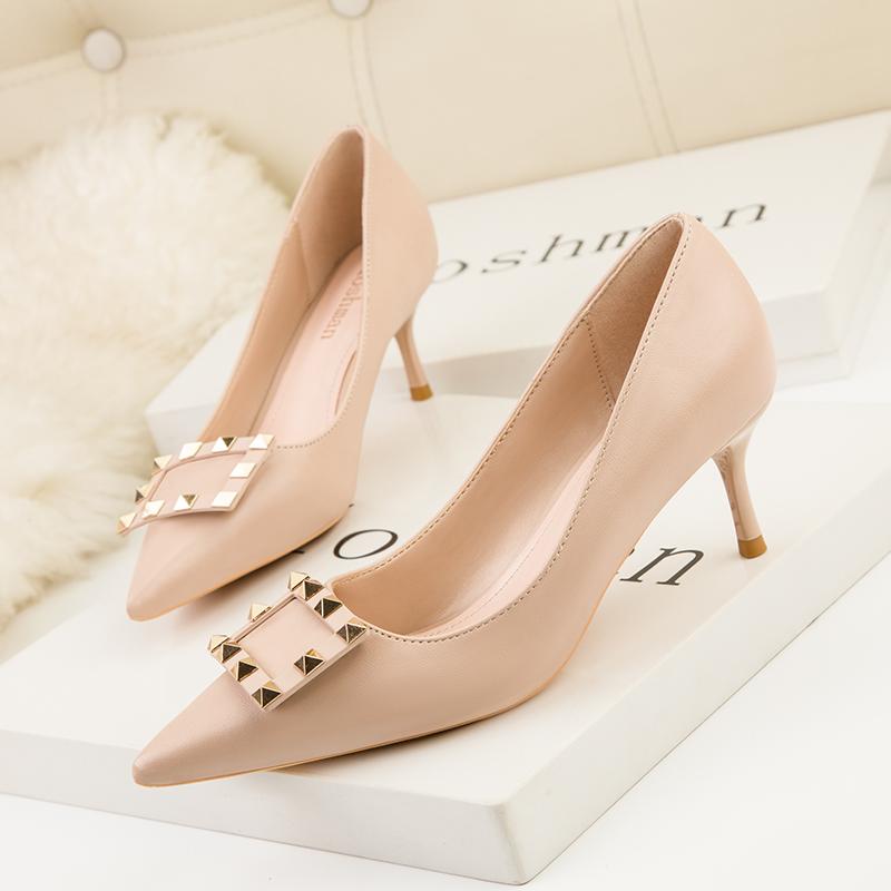 Fashion Women's Black Pointed Toe High Heels Stiletto Shoes with Metal Rivets Square Buckle New Leather Work Shoes