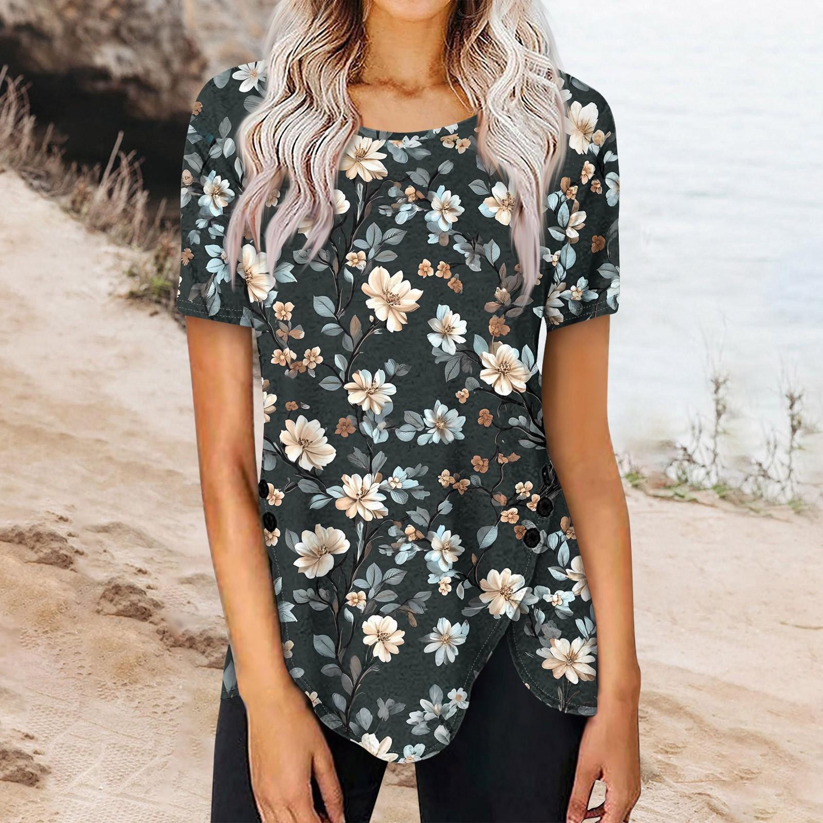 

Женский летний топ с коротким рукавом и круглым вырезом, с принтом на пуговицах сбоку M