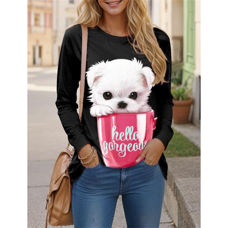 Women's T Shirt Tee Dog 3D Black Pink Red Print Long Sleeve Daily Weekend Fashion