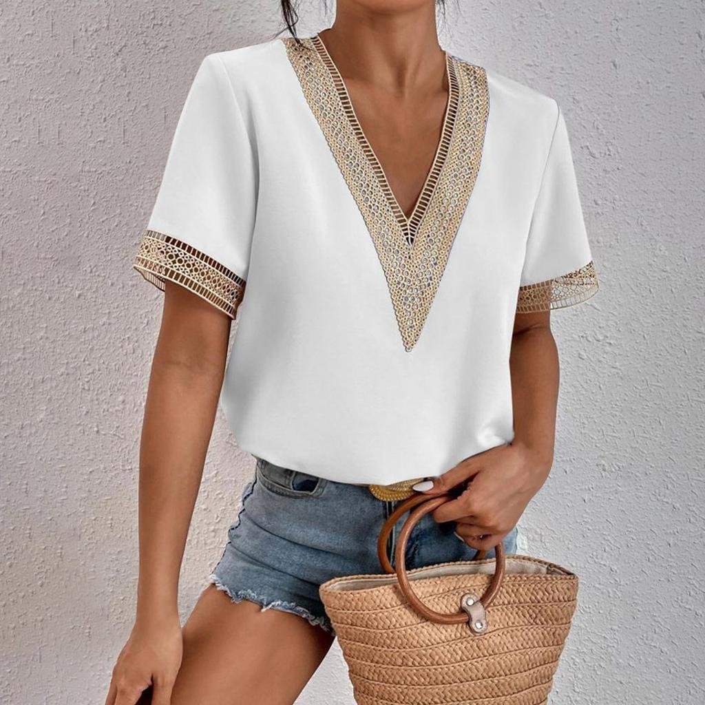 Women's Fashion Solid Color Loose T-shirt Lace Lace Short Sleeve Chiffon Top