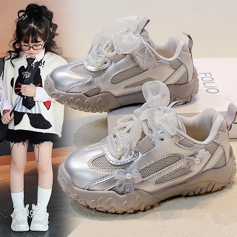 Girls Princess Sports Shoes Non-slip Flowers Mesh Lace Bow Kids Running Shoes Breathable 2025 New Children Casual Shoes Sweet