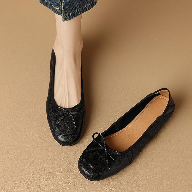 Fashion Soft Pu Leather Single Shoes for Women Shallow Bow Ballet Flats Round Toe Slip on Mid Heel Pumps Zapatos De Mujer Size 35-40