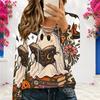 Women Plus Size V Neck Long Sleeve Halloween Printed Eyelet Chain Lace Up Top