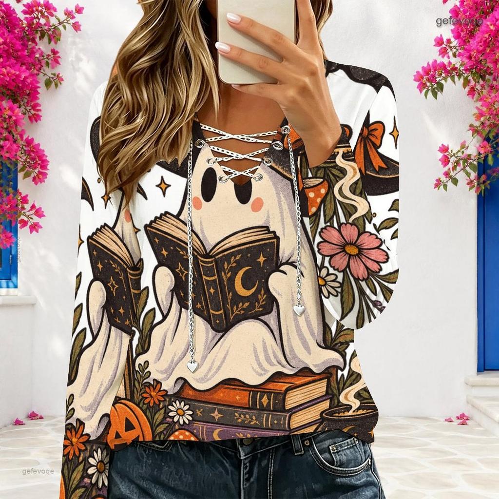 Women Plus Size V Neck Long Sleeve Halloween Printed Eyelet Chain Lace Up Top