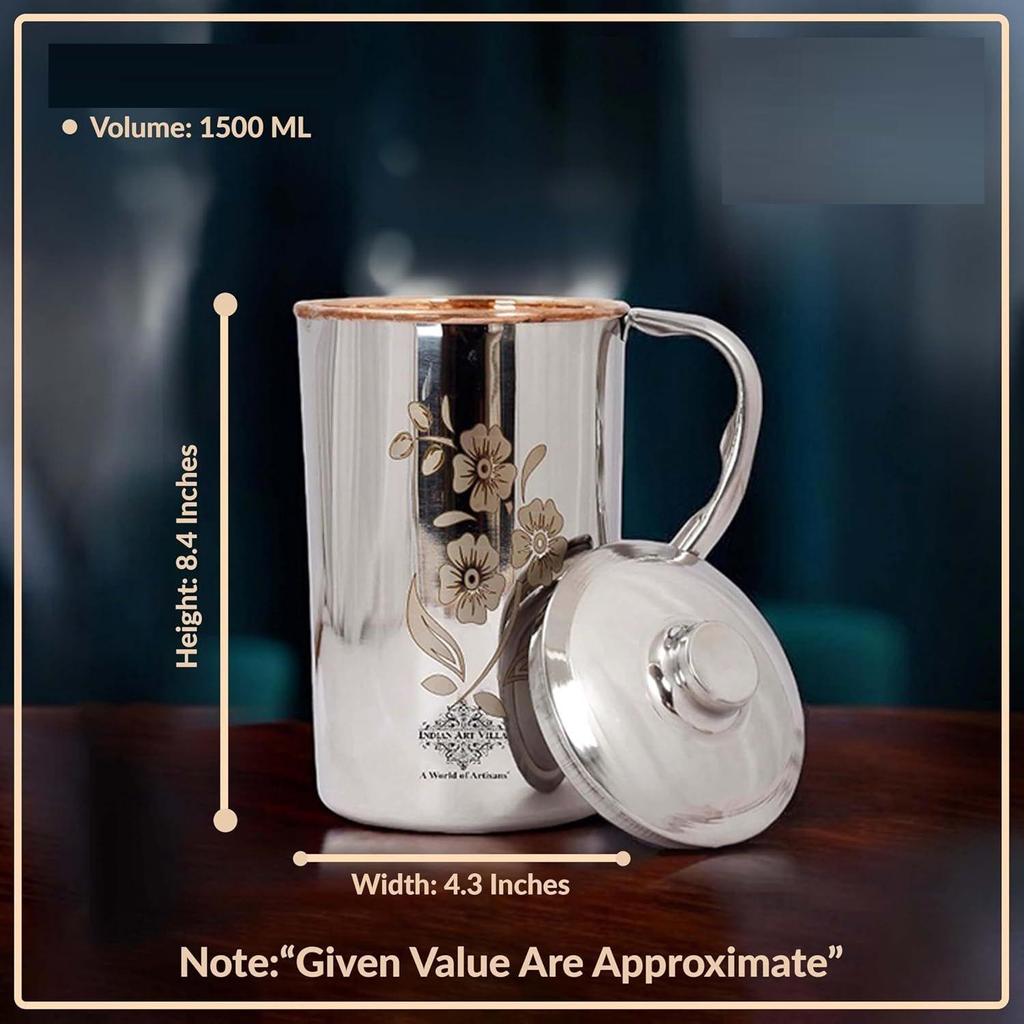 Steel Copper Floral Design Jug Pitcher with Lid, Storage & Serving Water, Beneficial for Health, Volume-1500 ML