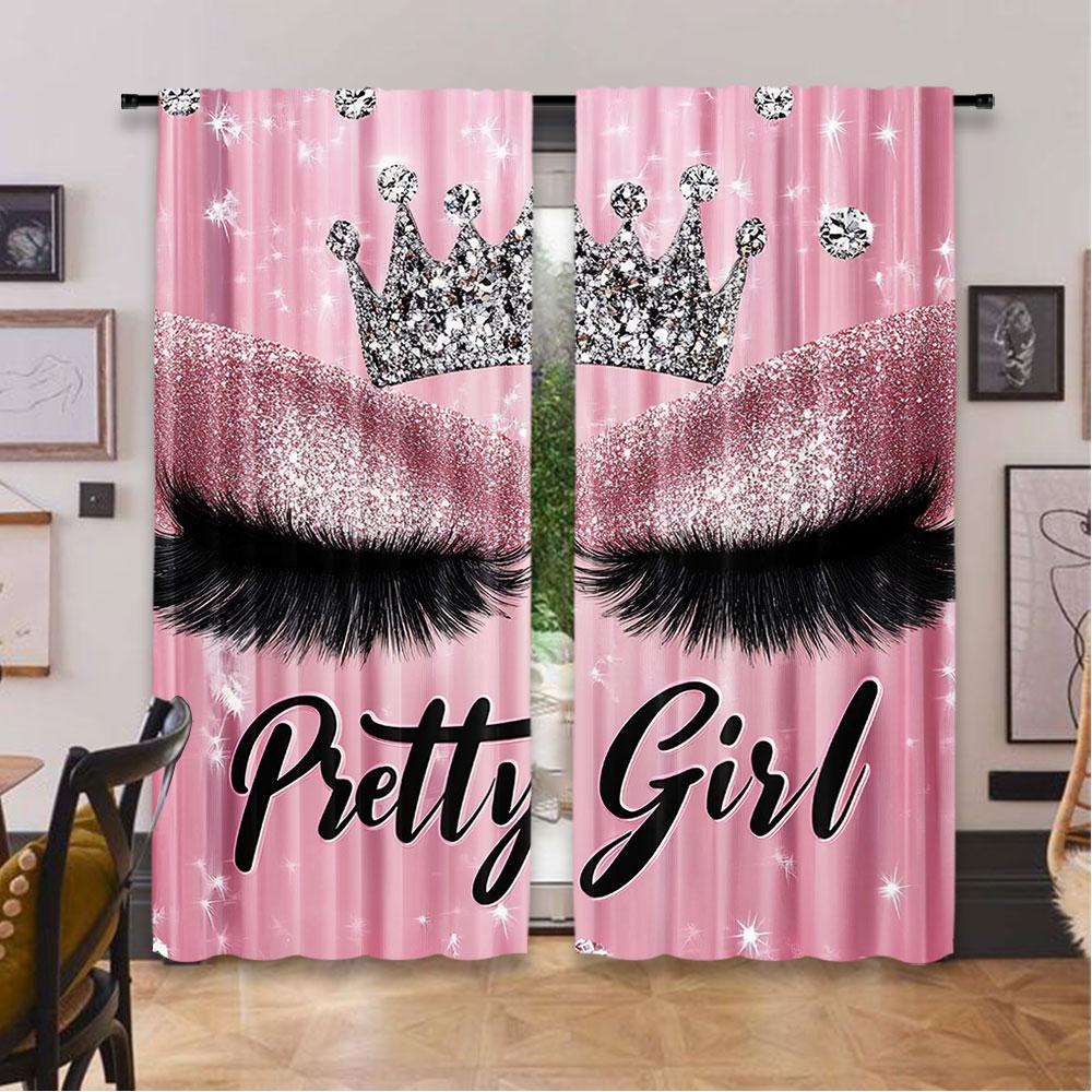 2Pcs Eyelash Curtainsstylish Pink Sparkles Blackout Curtains Adult Eyelash Diamond Aesthetic Curtains Drapes Makeup Eyelash