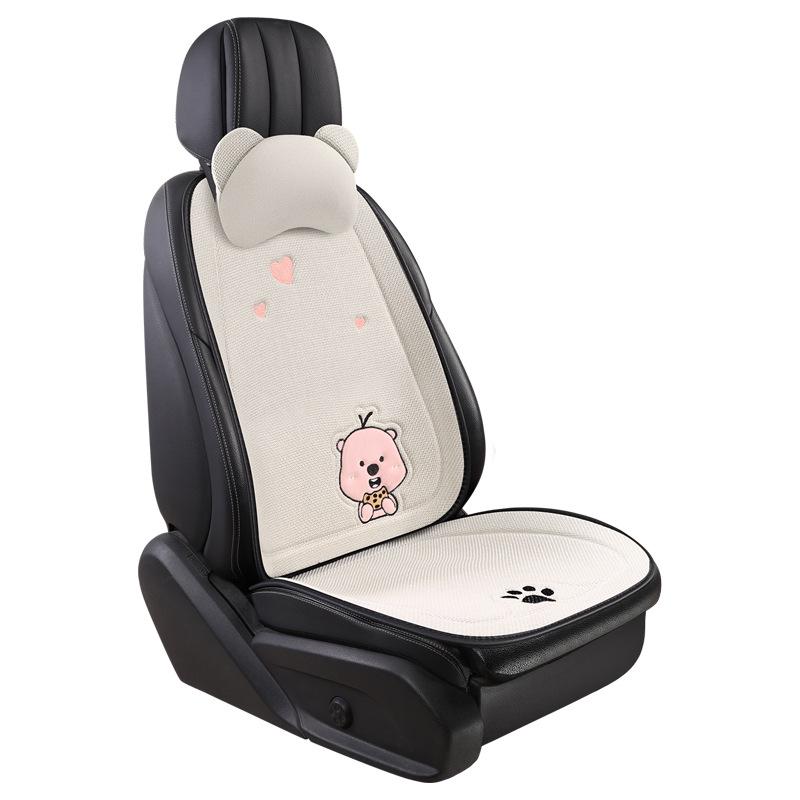 Beaver Cartoon Cotton Linen Car Seat Cushion for Hyundai Festa, Elantra, Tucson - All-Season Use.