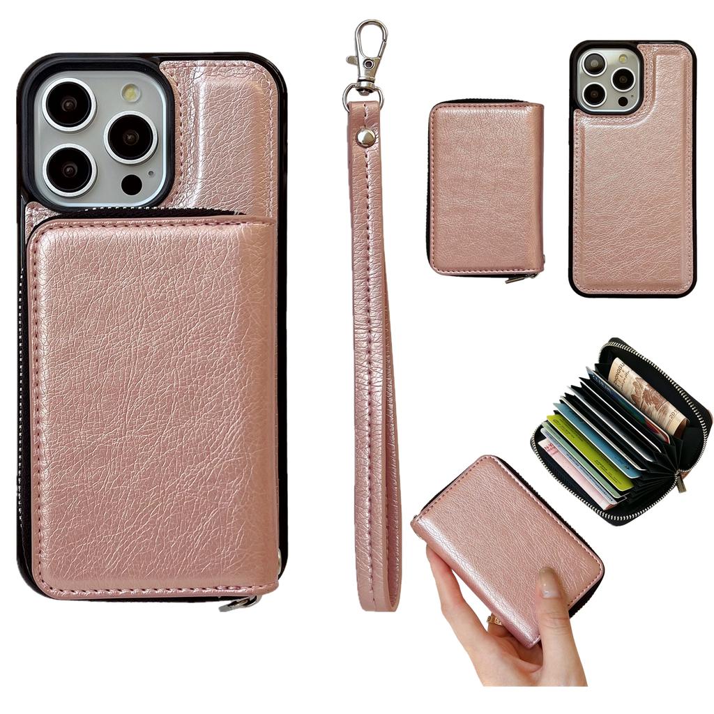 For iPhone 16 Pro Max Case Detachable Zipper Card Bag PU+TPU Kickstand Phone Case with Strap