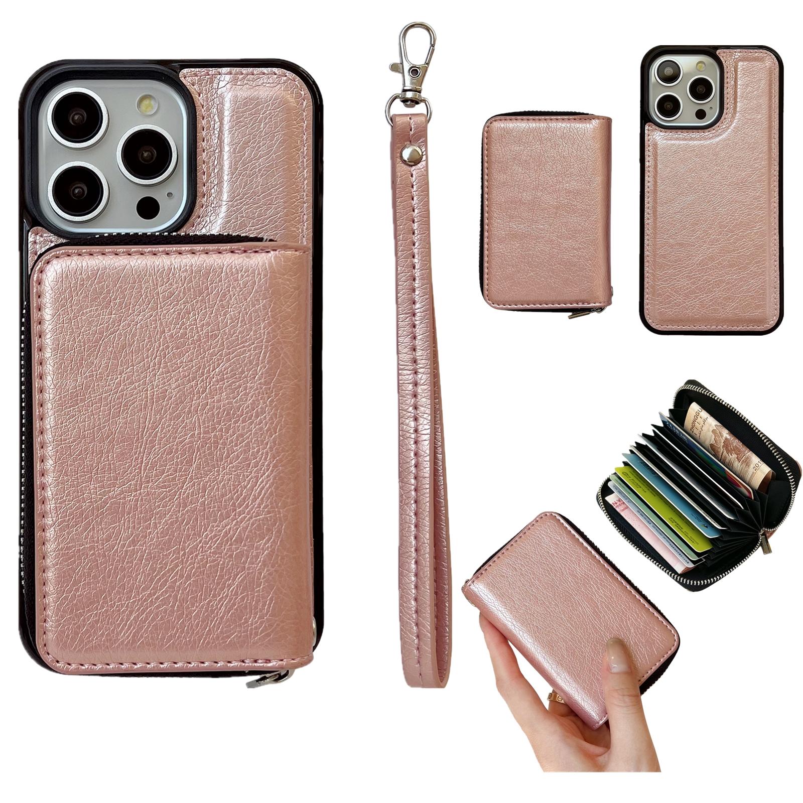 For iPhone 15 Pro Case Detachable Zipper Card Bag PU+TPU Kickstand Phone Case with Strap D