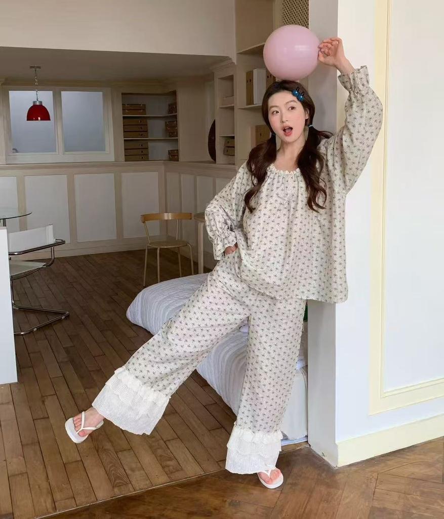 1011 new pajamas women's Korean small floral simple and comfortable lace set casual loose loungewear set