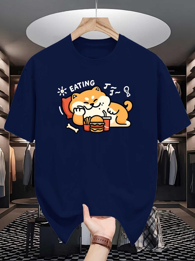 Unisex Crew Neck Tee Cute Shiba Inu Cartoon Food Graphic Print Soft Cotton Loose Breathable Short Sleeve Summer Casual Street Tops