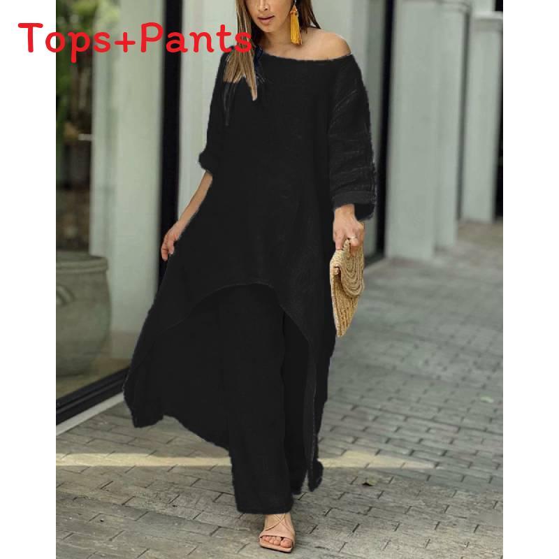 Cotton Linen Casual Woman Set With Irregular Long Sleeve Hoodie And Wide Leg Pants For Spring Fashion Comfort