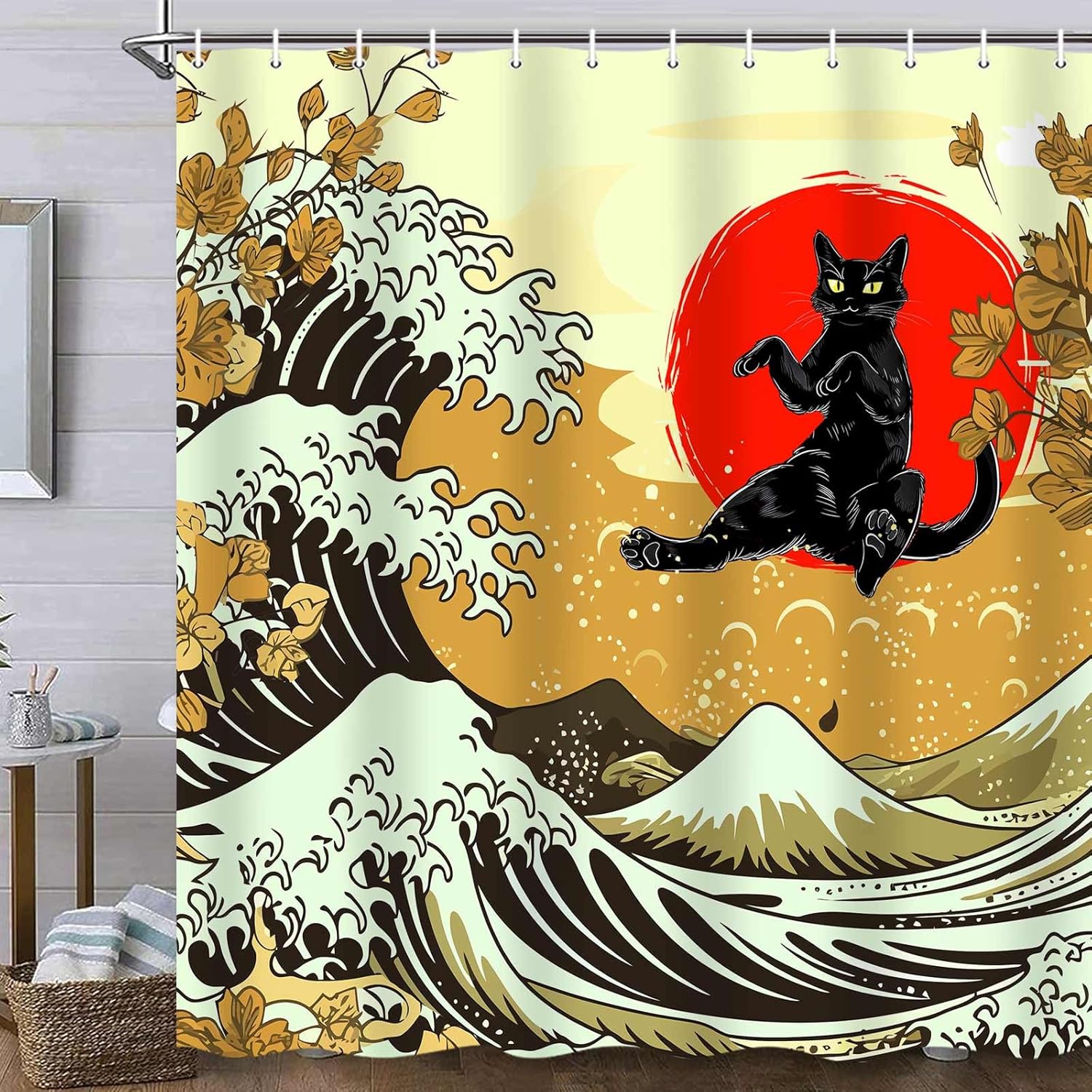 

Vintage Black Cat Red Sun Japanese Wave Shower Curtain, Ukiyo-E Illustration Waterproof Fabric Curtain W60H190(CM)-1 Pcs